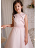 Pearl Neck Blush Pink Satin Tulle Ankle Length Flower Girl Dress